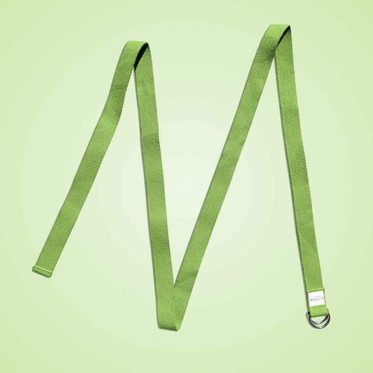 extra long extra wide yoga strap for stretching with buckle made from organic cotton in green colour by kosha yoga co