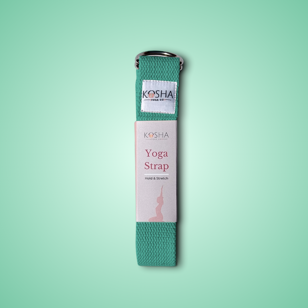 dark green colour belt for stretching with metal buckle made from organic cotton by kosha yoga co