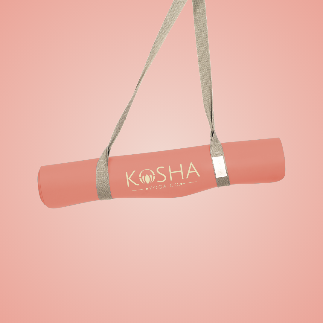 yoga mat with carry strap in peach colour by kosha yoga co