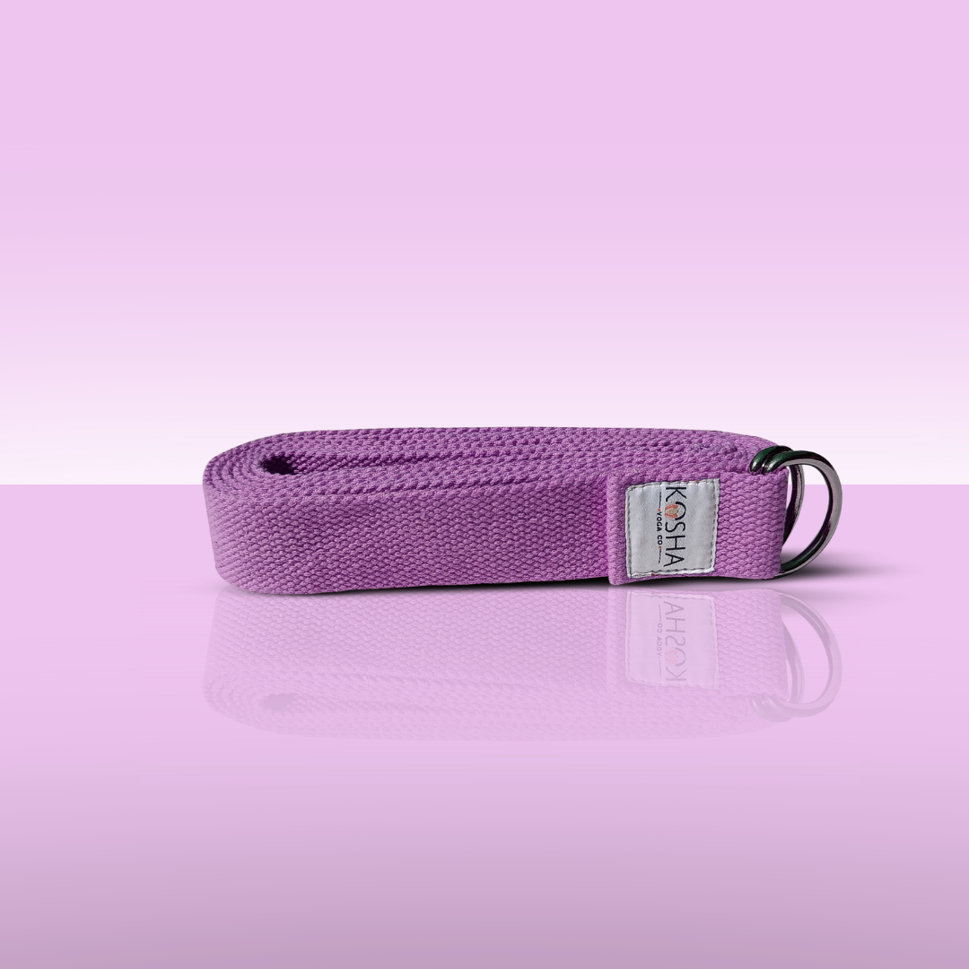 yoga strap with buckle made from organic cotton in purple colour by kosha yoga co