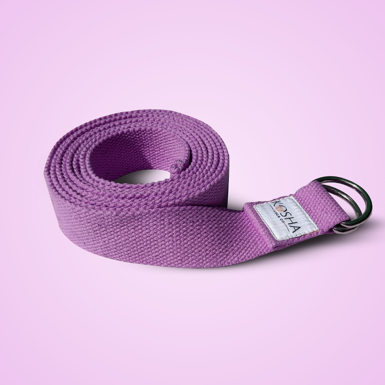 extra long yoga strap with buckle made from organic cotton in purple colour by kosha yoga co