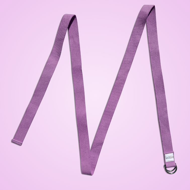 extra long extra wide yoga belt with metal buckle made from organic cotton in purple colour by kosha yoga co 