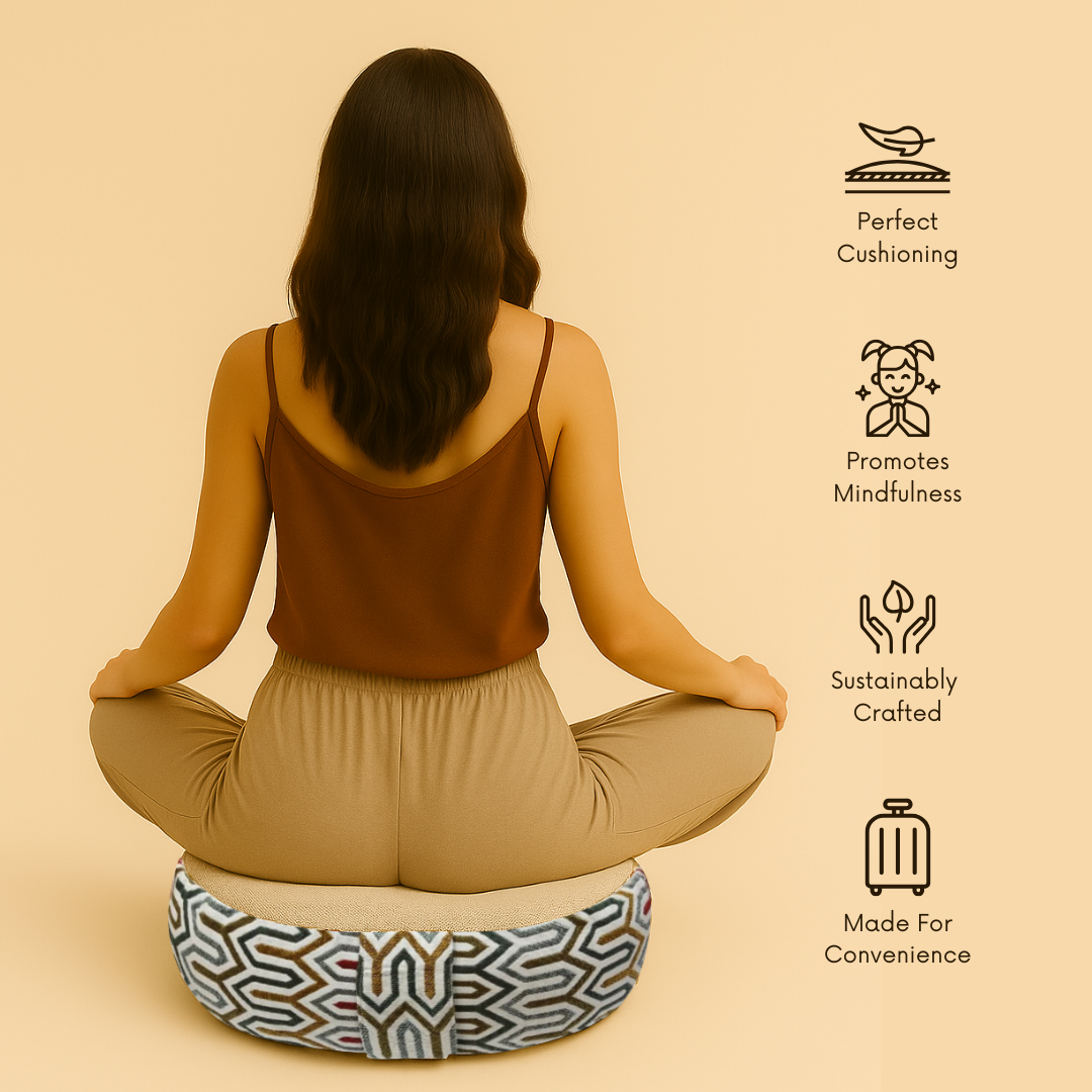Woman sitting on a meditation cushion with icons and text highlighting its benefits on a beige background