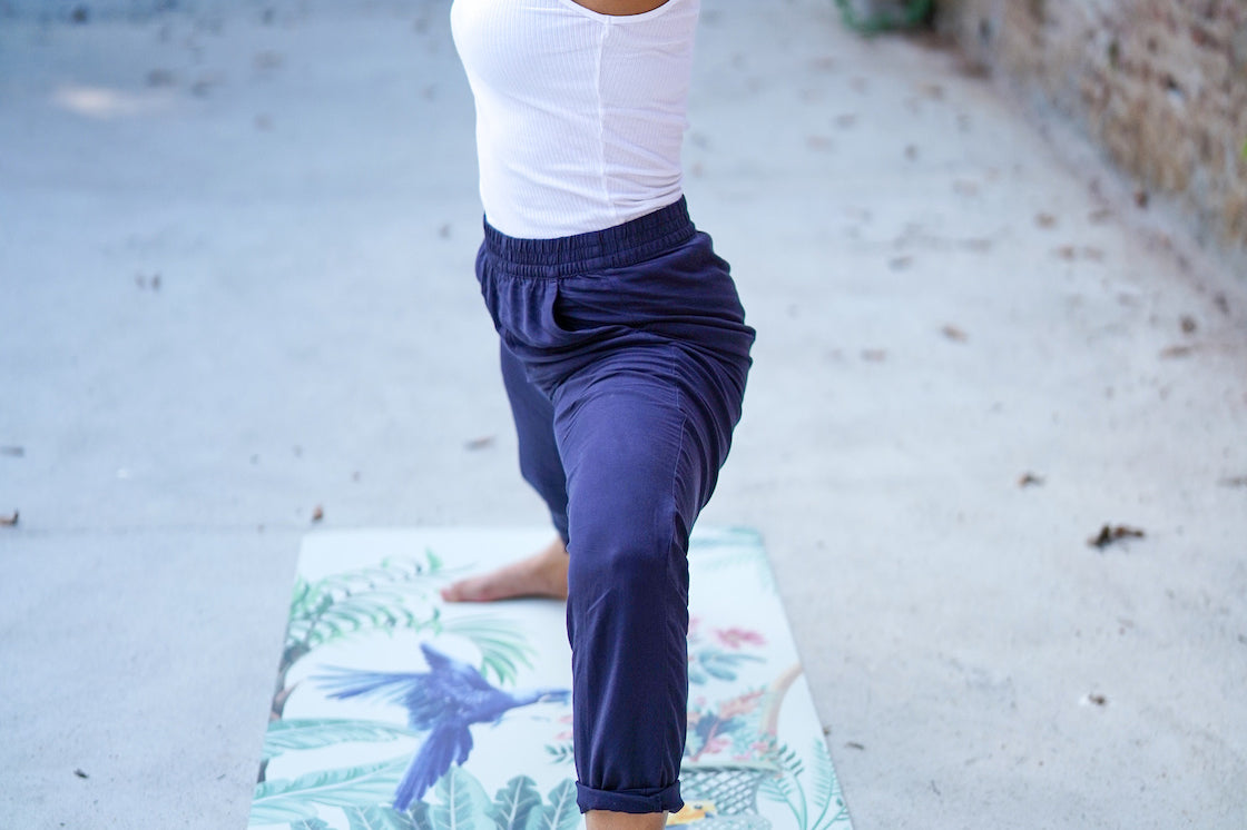 warrior pose on kosha yoga co printed yoga mat in Mysore India