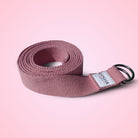 extra long yoga strap with buckle made from organic cotton in pink colour by kosha yoga co