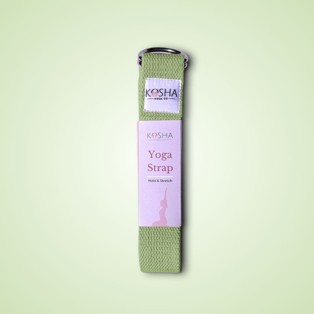 dark green colour belt for stretching with metal buckle made from organic cotton by kosha yoga co