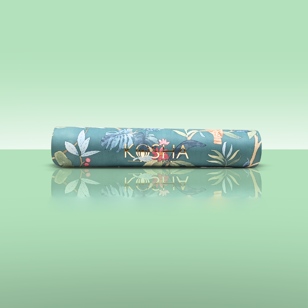 tropical green printed natural rubber yoga mat by kosha yoga co