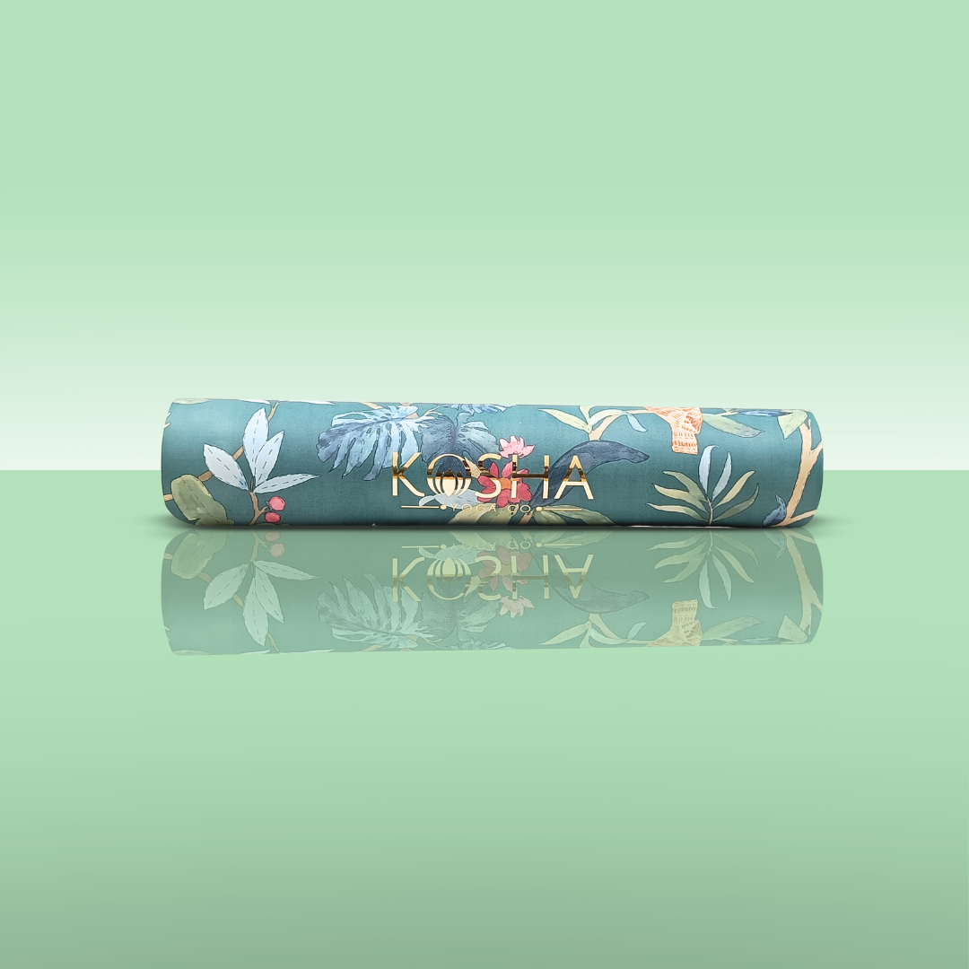 tropical green printed natural rubber yoga mat by kosha yoga co