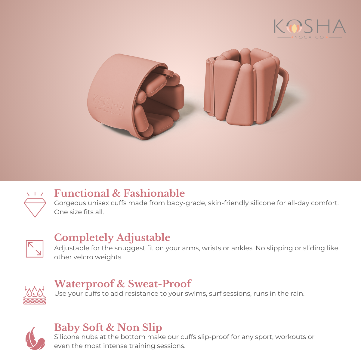 Features of bala bangle type yoga and pilates ankle and wrist weight bangles by kosha yoga co