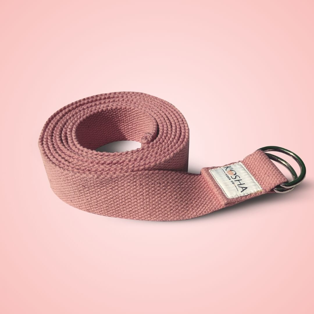 extra long yoga strap with buckle made from organic cotton in peash colour by kosha yoga co