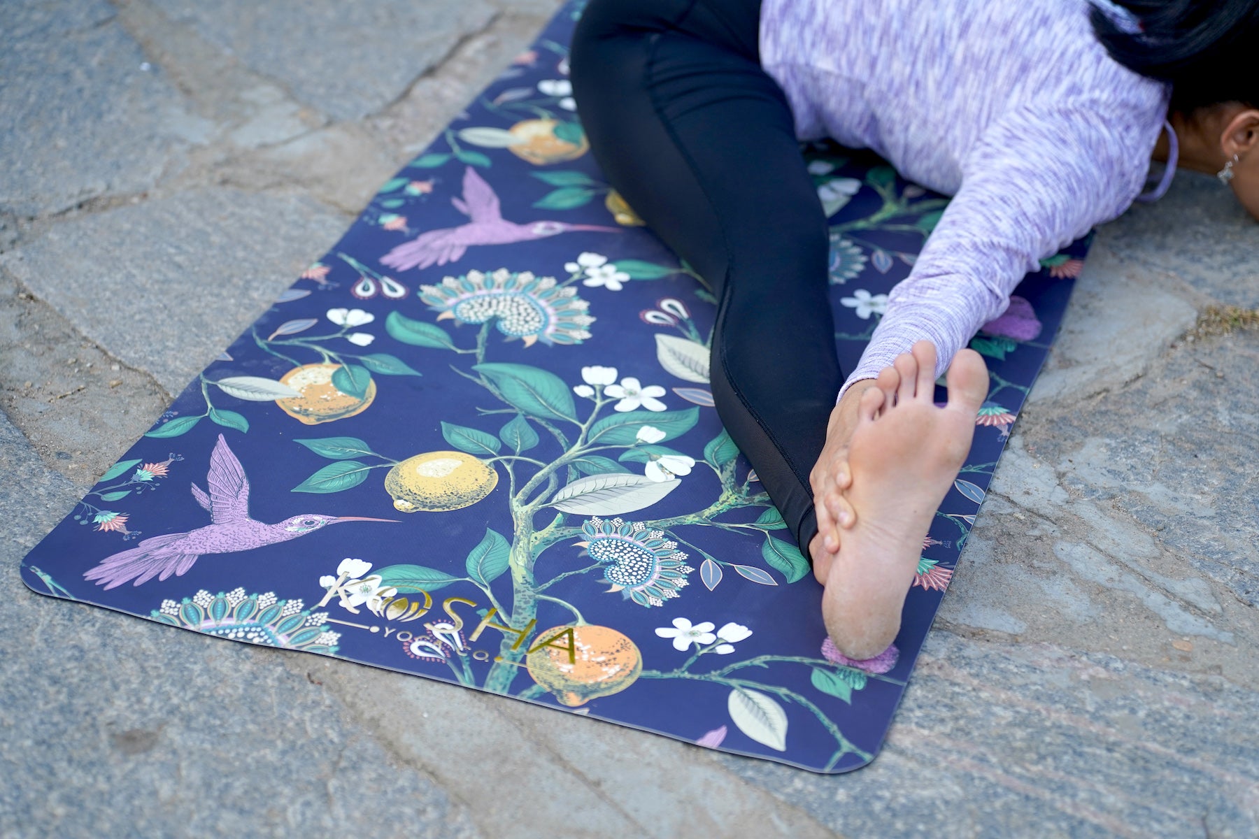 luxury yoga mat with floral motif by kosha yoga co