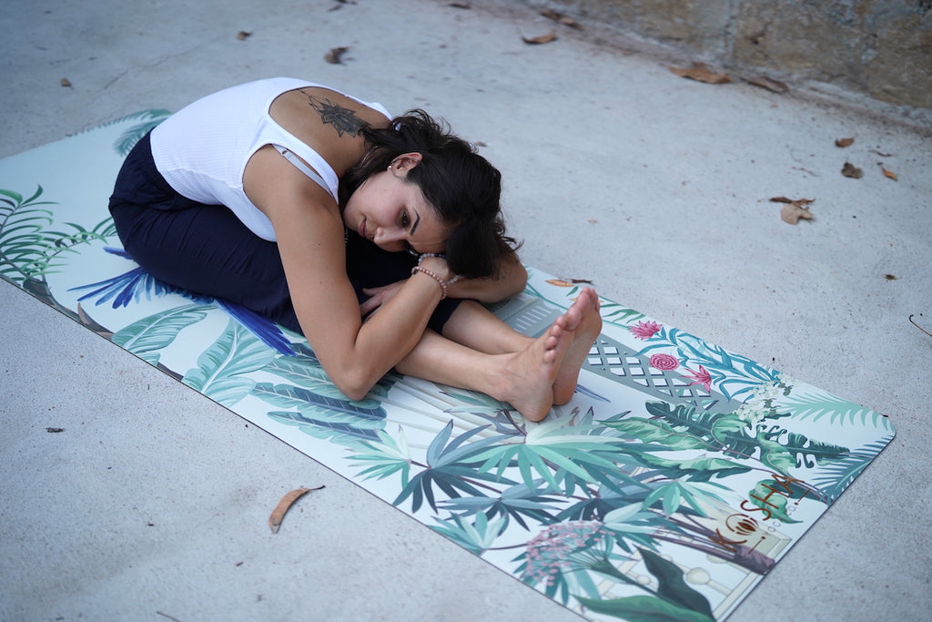 Printed yoga mat with non slip top and recycled sustainable rubber base