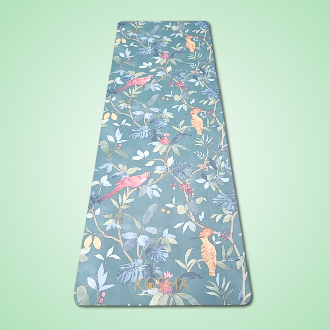 extra long yoga mat in green colour with flowers and birds by kosha yoga co