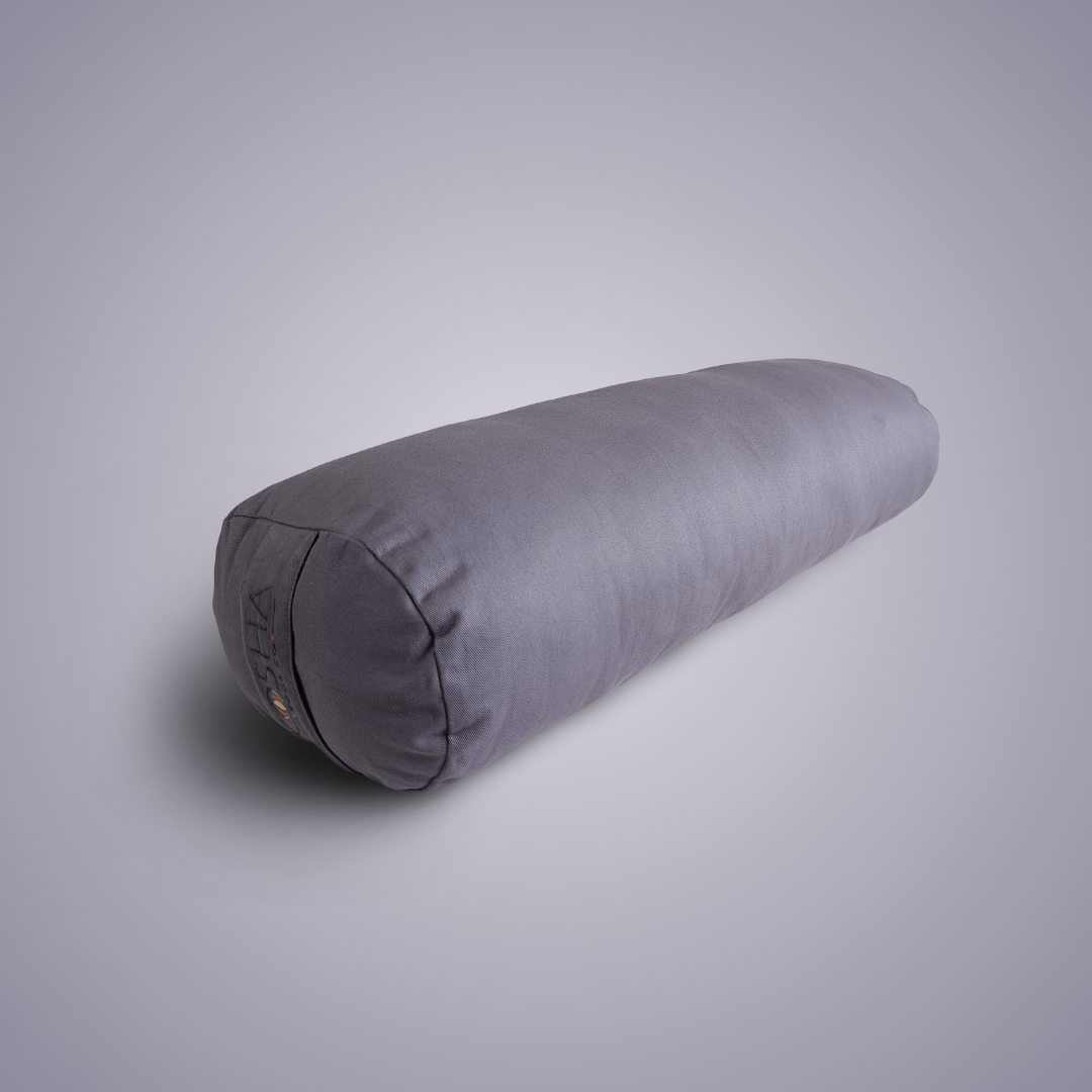 Yoga bolster with cotton cover with soft cushioning for yin yoga restorative yoga relaxation mindfulness meditation in mauve purple cream brown natural colour