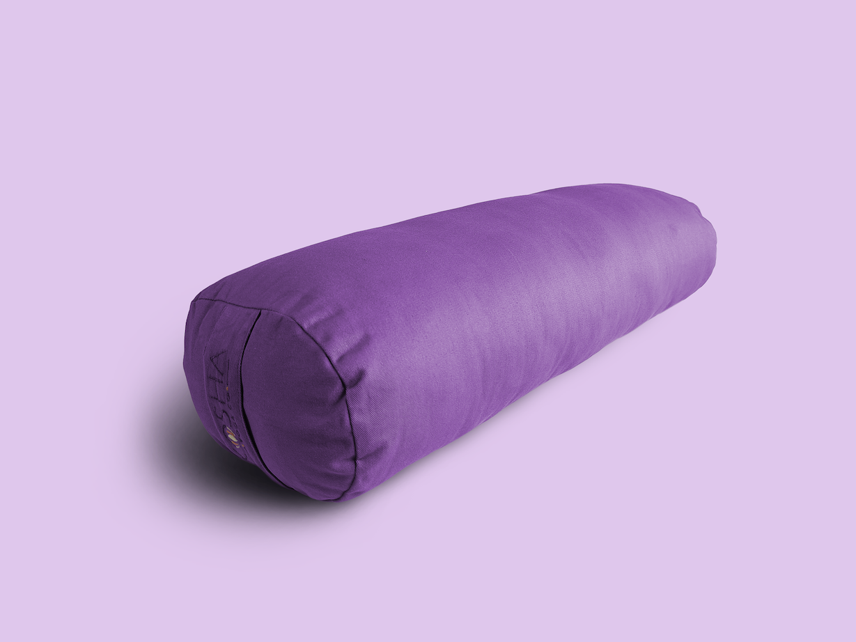 Yoga bolster with carry strap for restorative yoga in purple colour