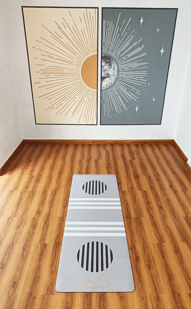 minimal print yoga mat in a studio by kosha yoga co 