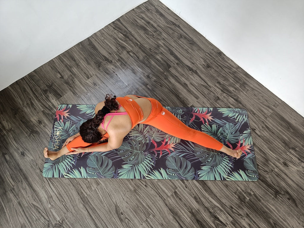Yoga Teacher on tropical print mat by kosha yoga co 