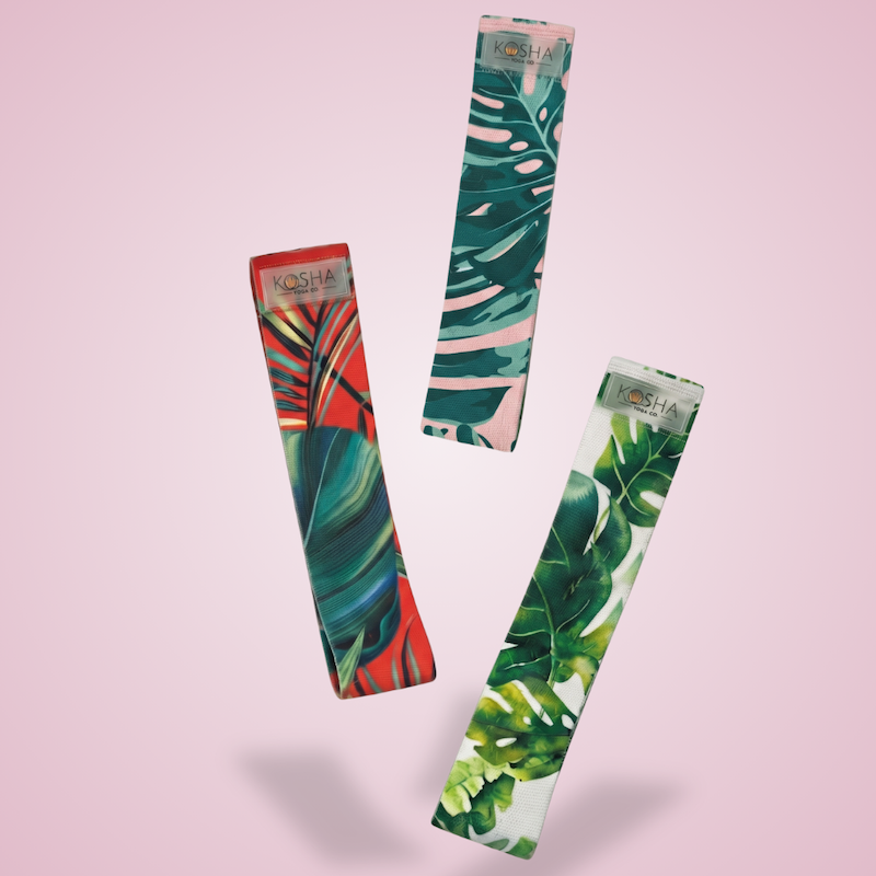 Kosha Loops fabric resistance bands set of 3 in light, medium and heavy tension, printed non-slip loop bands