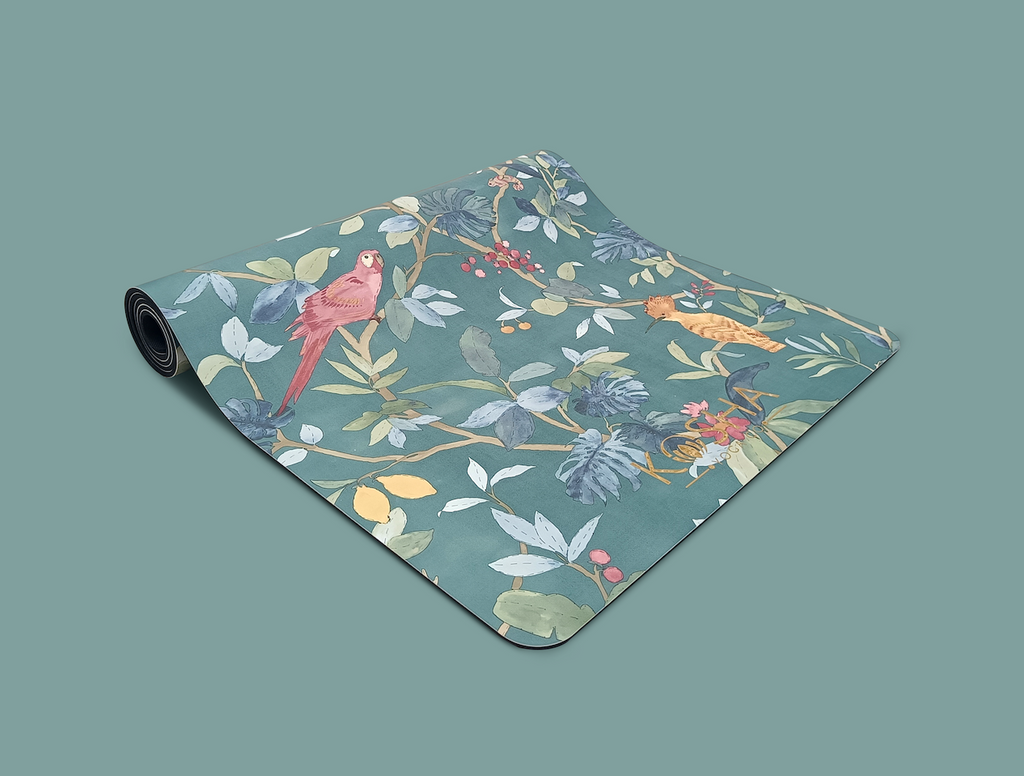extra wide yoga mats in green colour with floral print by kosha yoga co