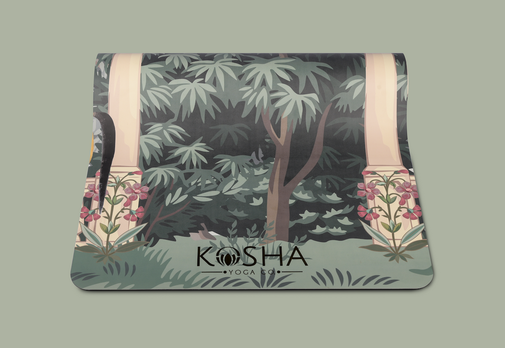 Green printed floral yoga mat with non slip top and rubber base