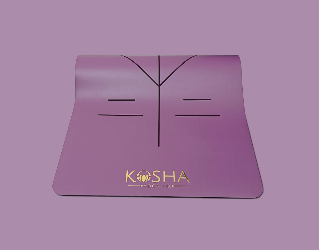 Sweat Absorbent Non Slip Rubber Yoga Mat With Alignment Lines In Purple Colour By Kosha Yoga Co with added cushioning