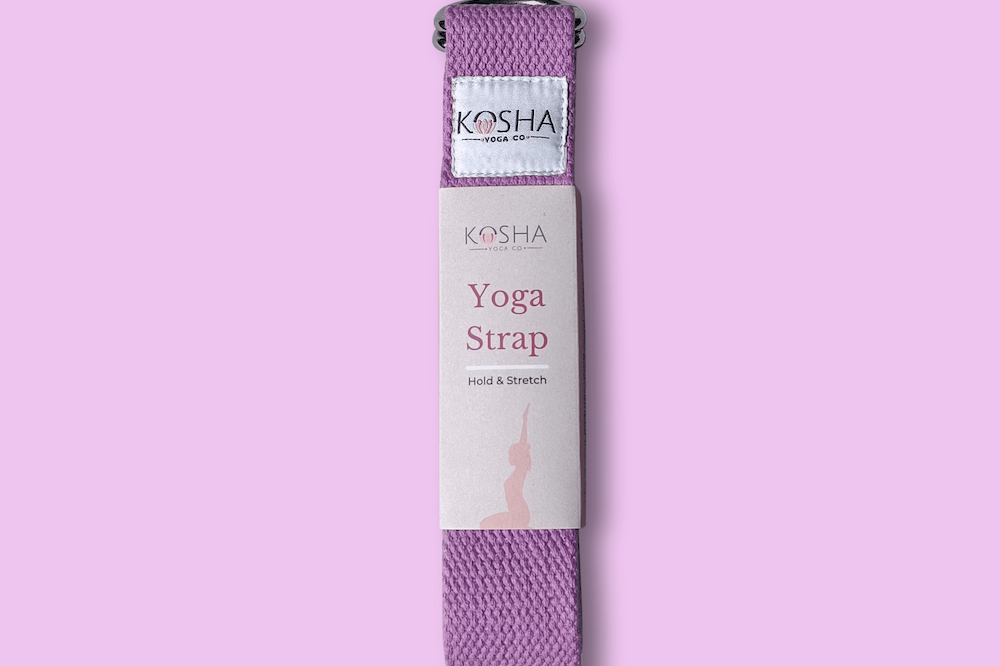 yoga strap with buckle made from organic cotton in purple colour by kosha yoga co