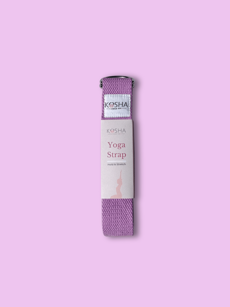 yoga strap with buckle made from organic cotton in purple colour by kosha yoga co