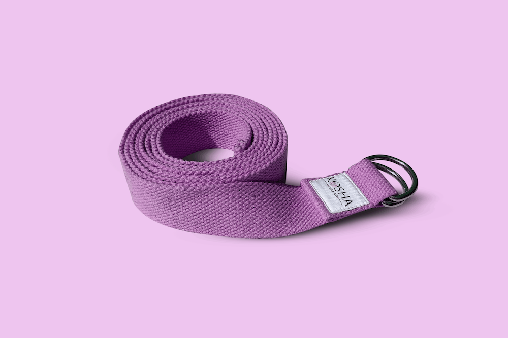 extra long yoga strap with buckle made from organic cotton in purple colour by kosha yoga co