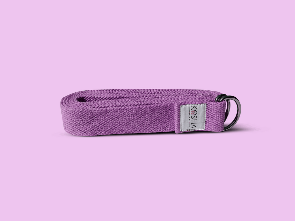 extra long extra wide yoga belt with metal buckle made from organic cotton in purple colour by kosha yoga co 