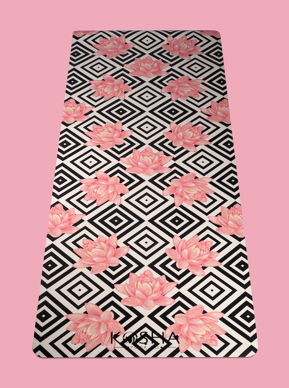 lotus printed extra long extra wide cushioned rubber yoga mat for men and women by kosha yoga co