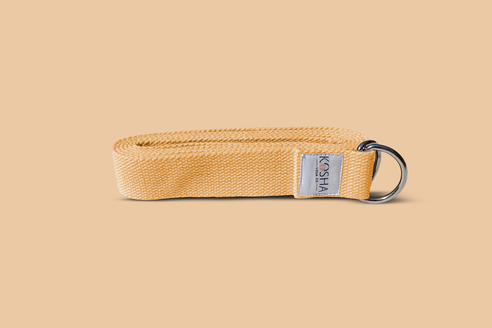 Peach colour belt for stretching with metal buckle made from organic cotton by kosha yoga co