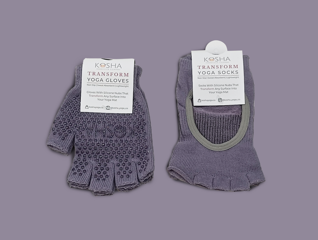 yoga socks and gloves for men and women made from cotton and anti ski non slip silicone in purple colour