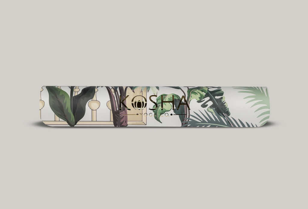 Green yoga mat With Floral Tropical Print Which Is Sweat Absorbent Non Slip Yoga Mat By Kosha Yoga Co