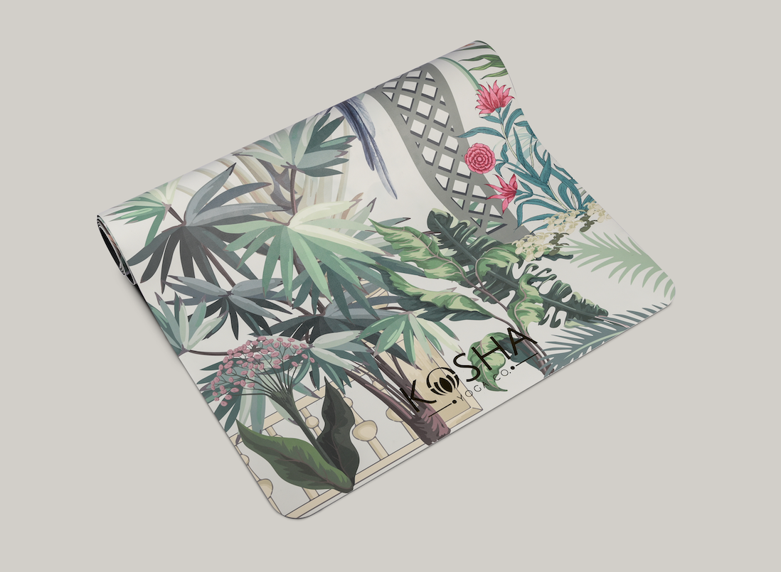 Green rpinted yoga mat leaves and flowers Print Which Is Sweat Absorbent Non Slip Yoga Mat By Kosha Yoga Co