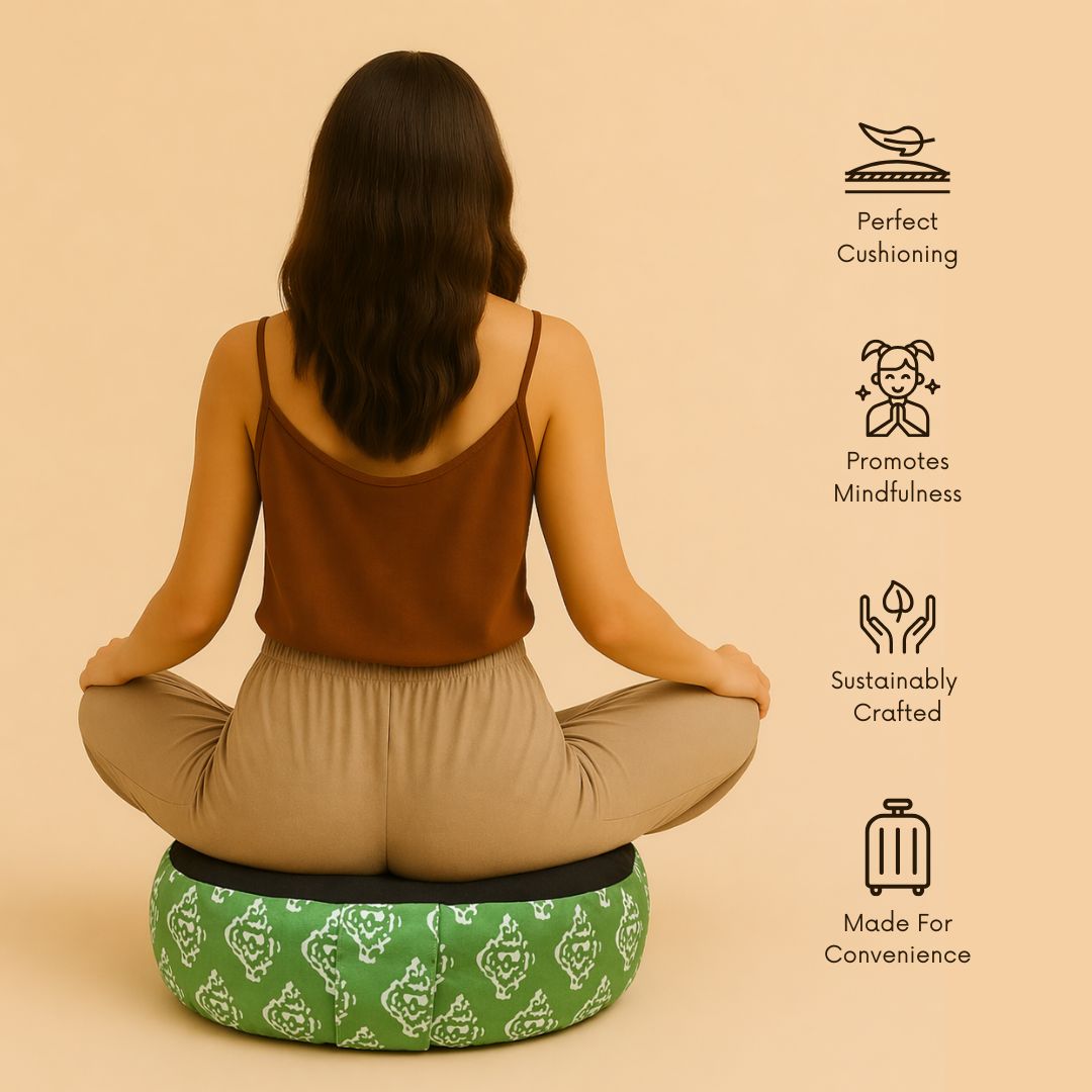 Woman sitting on a meditation cushion with icons and text highlighting its benefits on a beige background