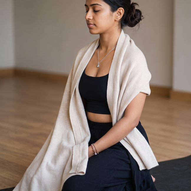 Woman sitting in meditation with a natural cotton yoga blanket wrapped around her shoulders