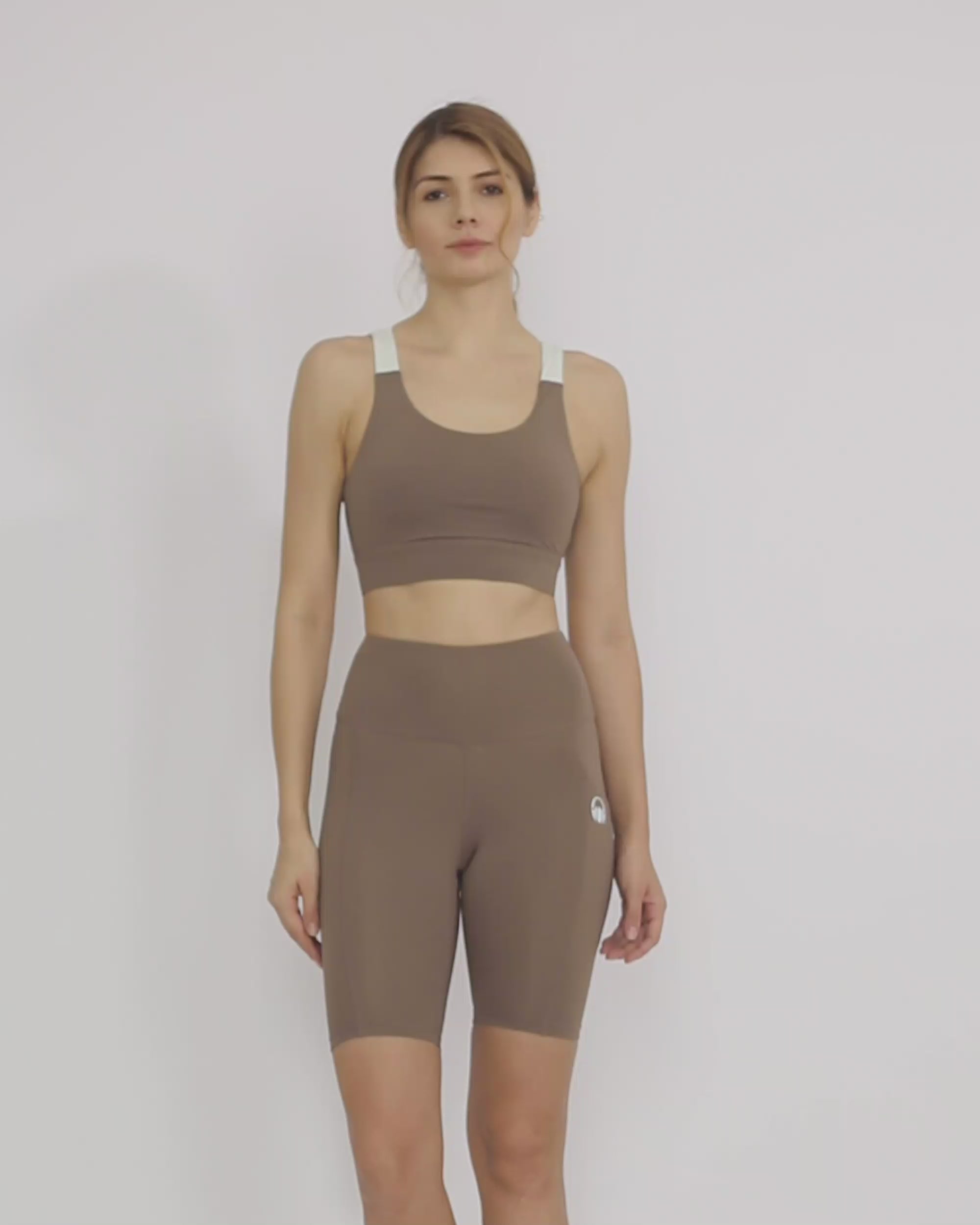 Nude Biker shorts and sports bra co-ord set by kosha yoga co from recycled materials