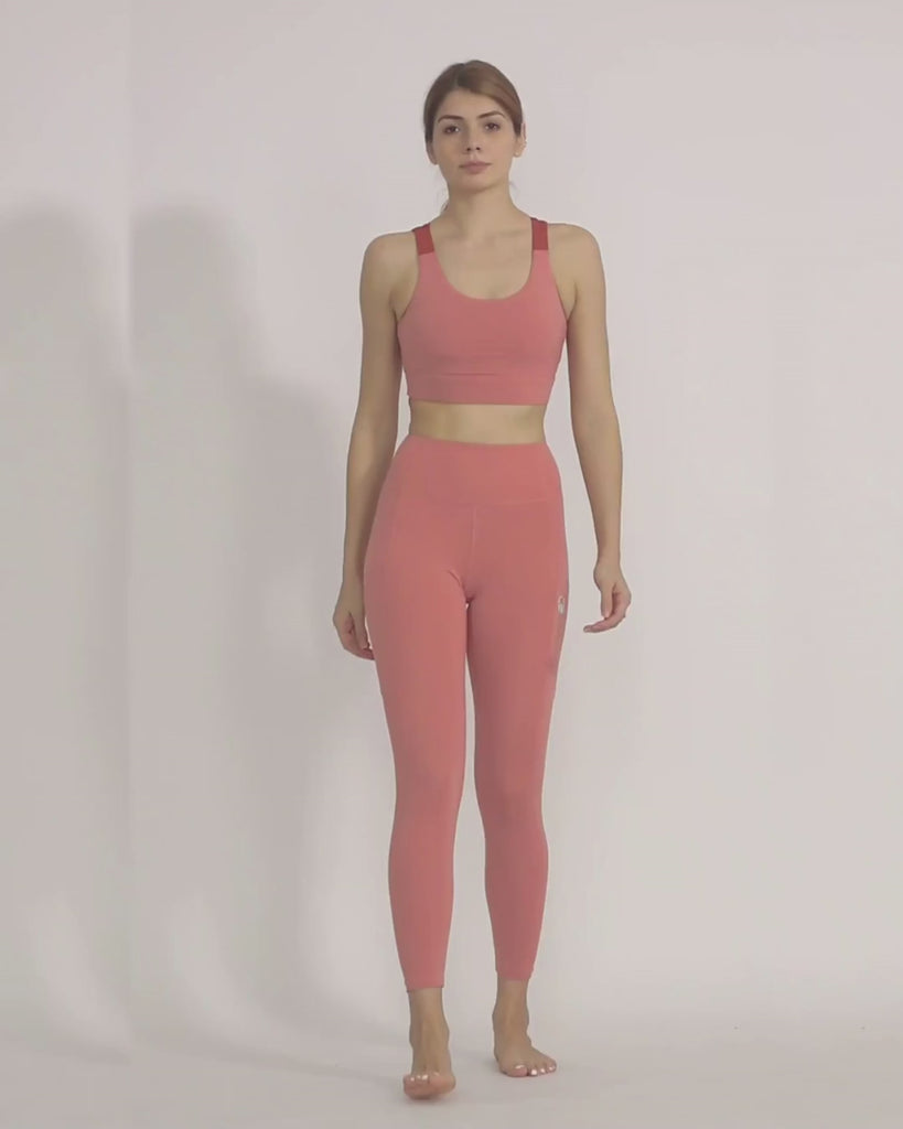 Pink yoga pants and sports bra co-ord set by kosha yoga co from recycled materials