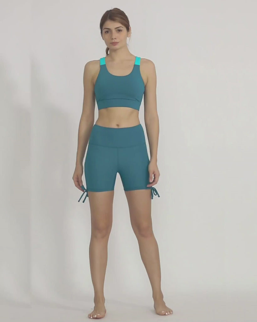 Green Yoga shorts and sports bra co-ord set by kosha yoga co from recycled materials