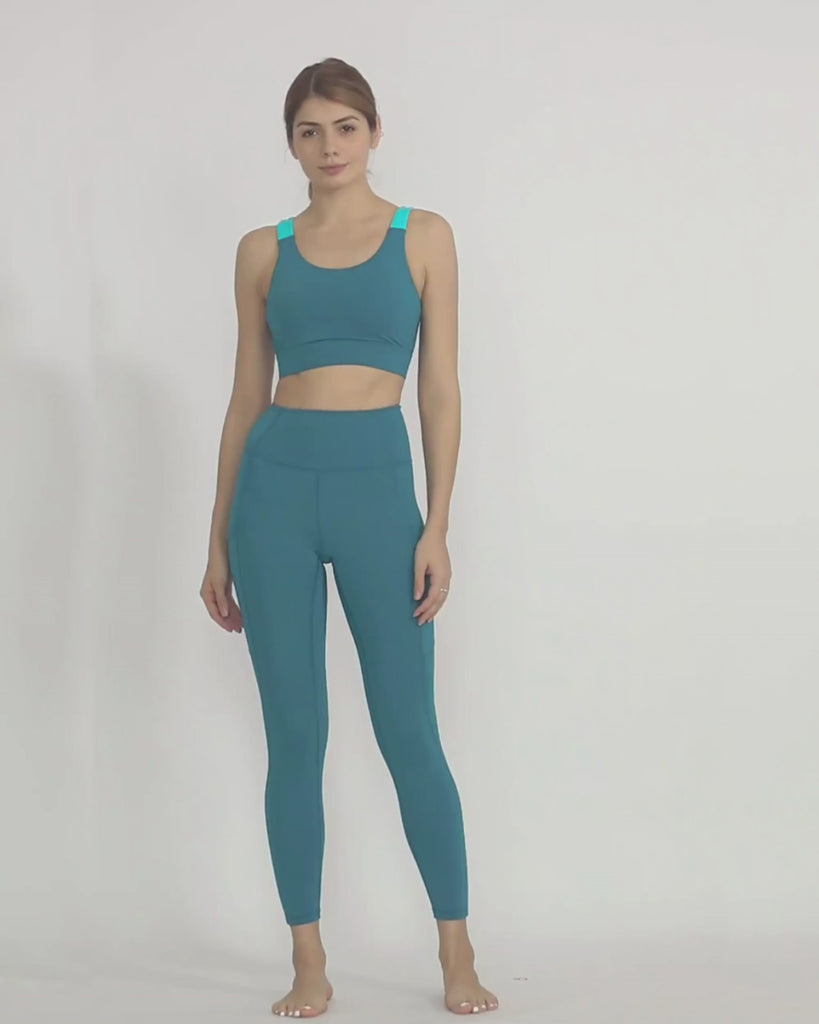Green yoga pants and sports bra co-ord set by kosha yoga co from recycled materials