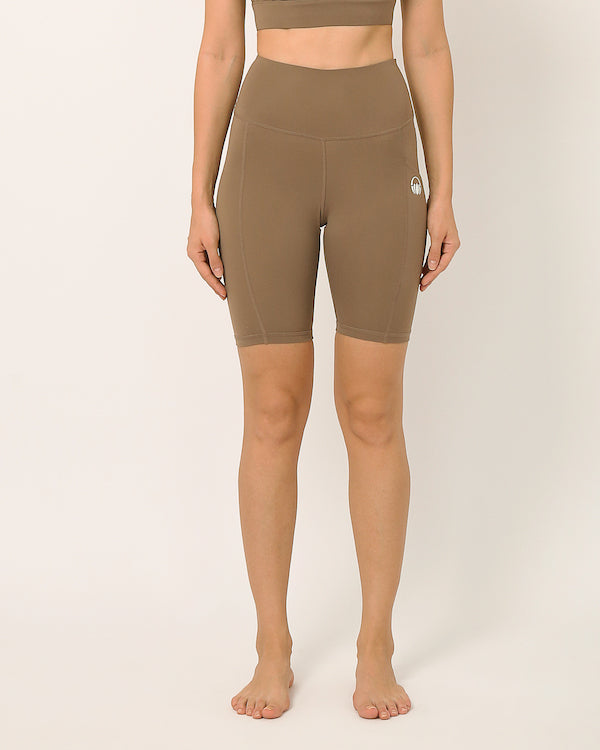 Sustainable activewear made out of recycled materials by Kosha Yoga Co. Squat proof, stretchable biker shorts for yoga, gym, workouts, running.