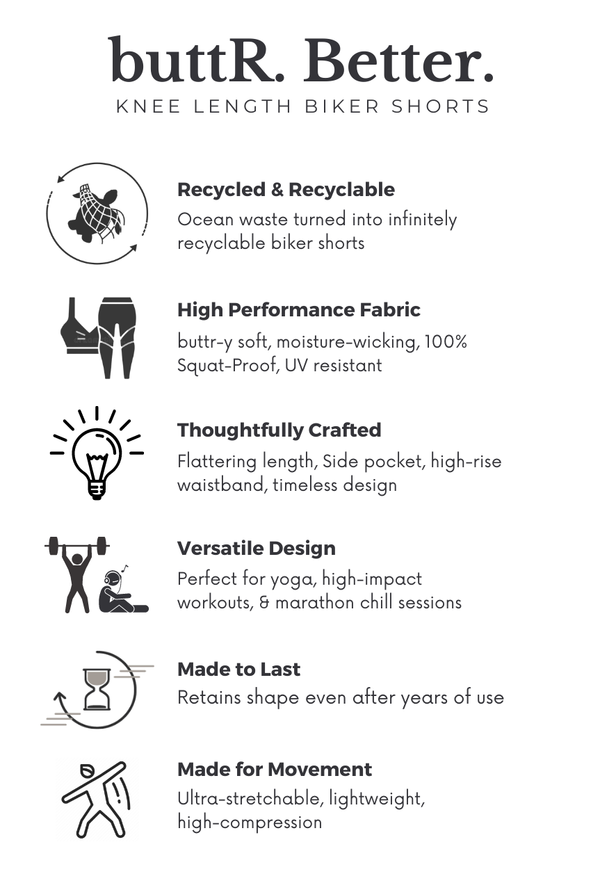 Sustainable activewear made out of recycled materials by Kosha Yoga Co. Squat proof, stretchable biker shorts for yoga, gym, workouts, running.