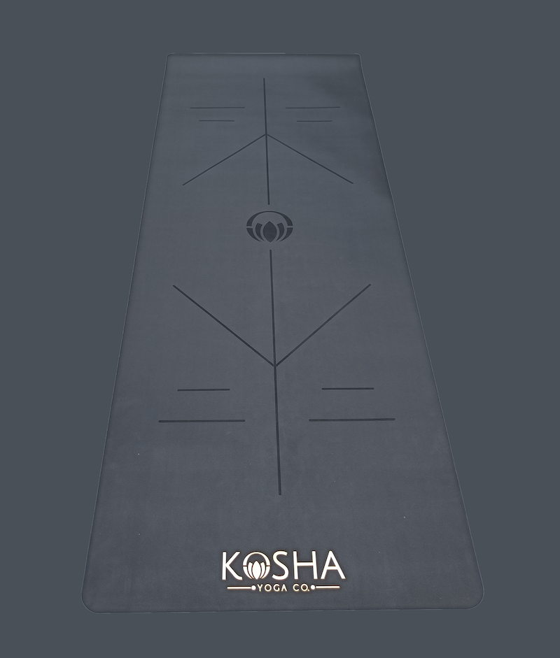 Extra long Sweat Absorbent Non Slip Rubber Yoga Mat With Alignment Lines In black colour By Kosha Yoga Co