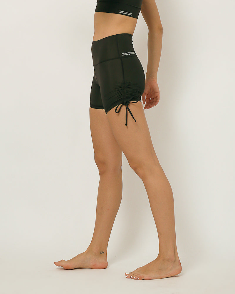 Black moisture wicking shorts with adjustable length by kosha yoga co