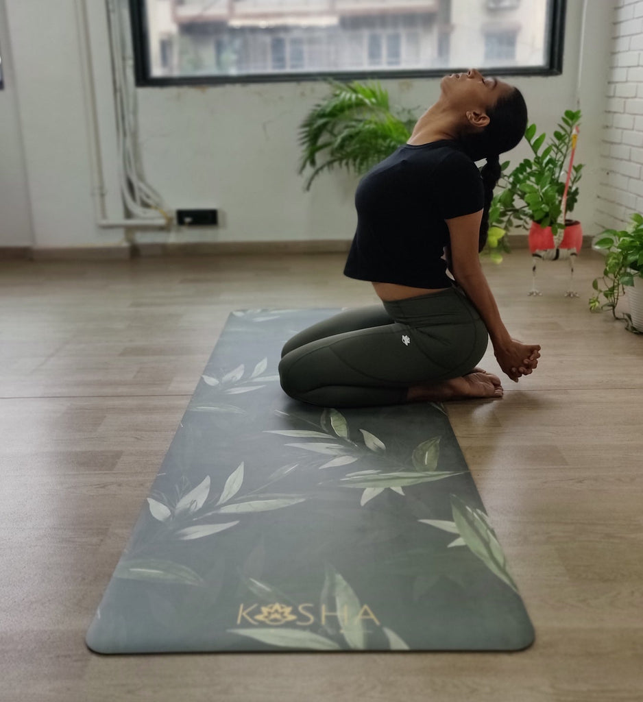 Heart Opener asana on Green With Forest Print Which Is Sweat Absorbent Non Slip Yoga Mat By Kosha Yoga Co