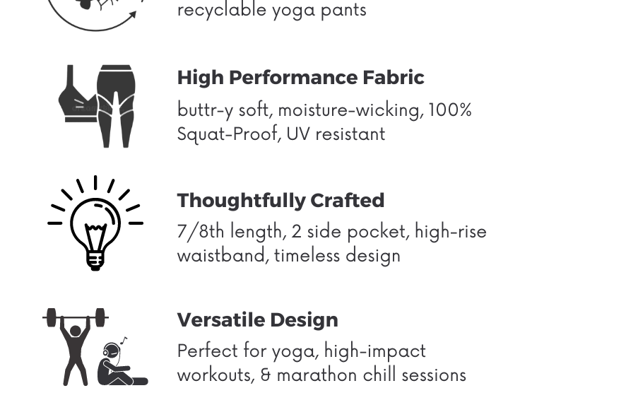 Features of yoga pants made from recycled ocean waset by kosha yoga co in India