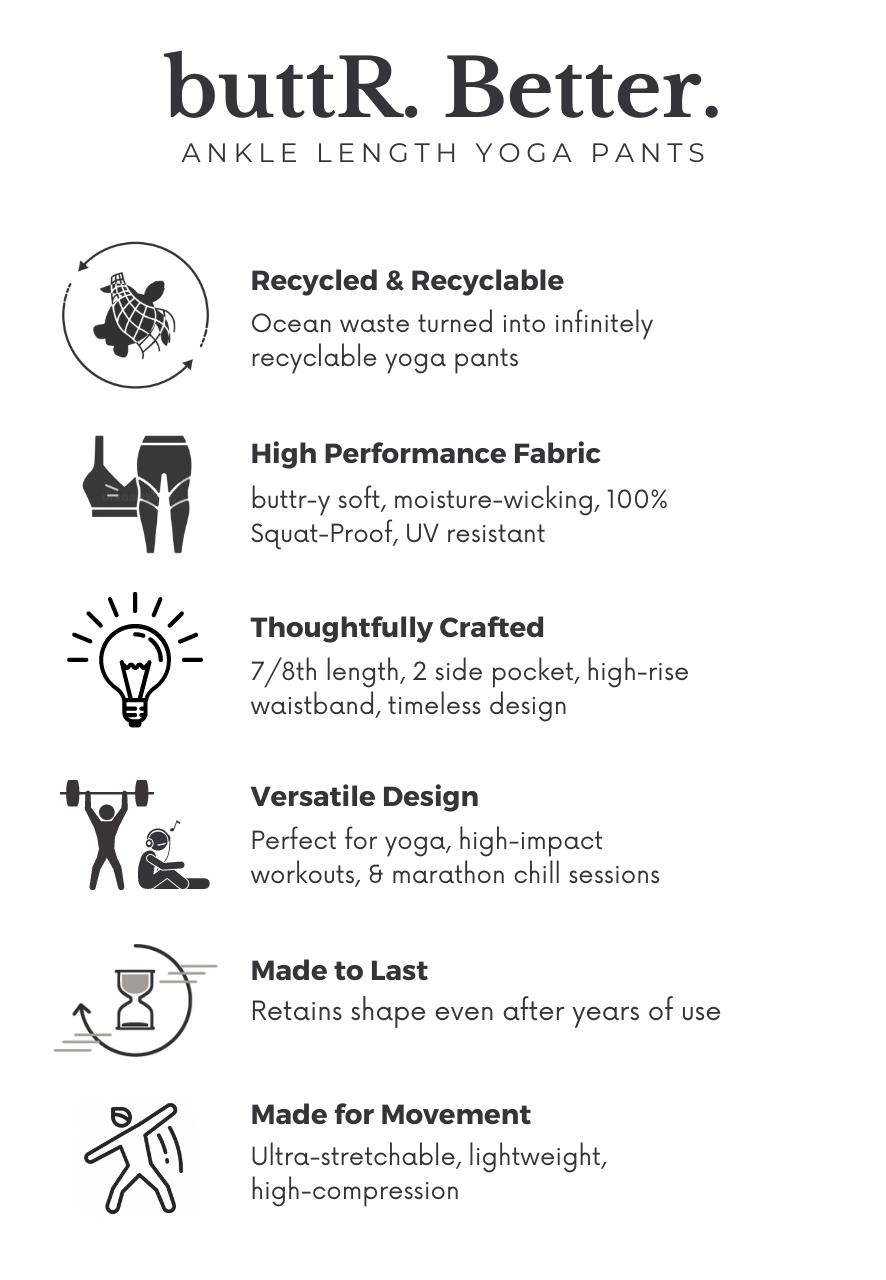 Features of yoga pants made from recycled ocean waset by kosha yoga co in India