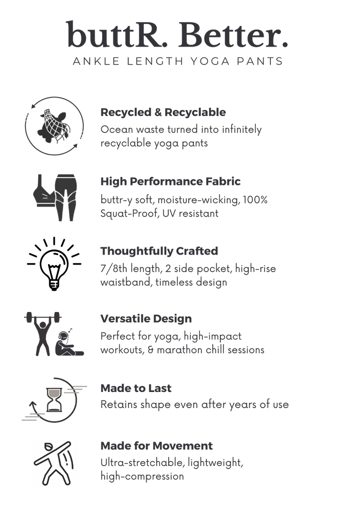 Features of yoga pants made from recycled ocean waset by kosha yoga co in India