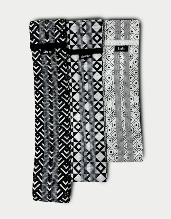 geometric printed black and white non slip fabric resistance bands by kosha yoga co