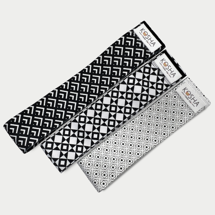 geometric printed black and white non slip fabric resistance bands by kosha yoga co